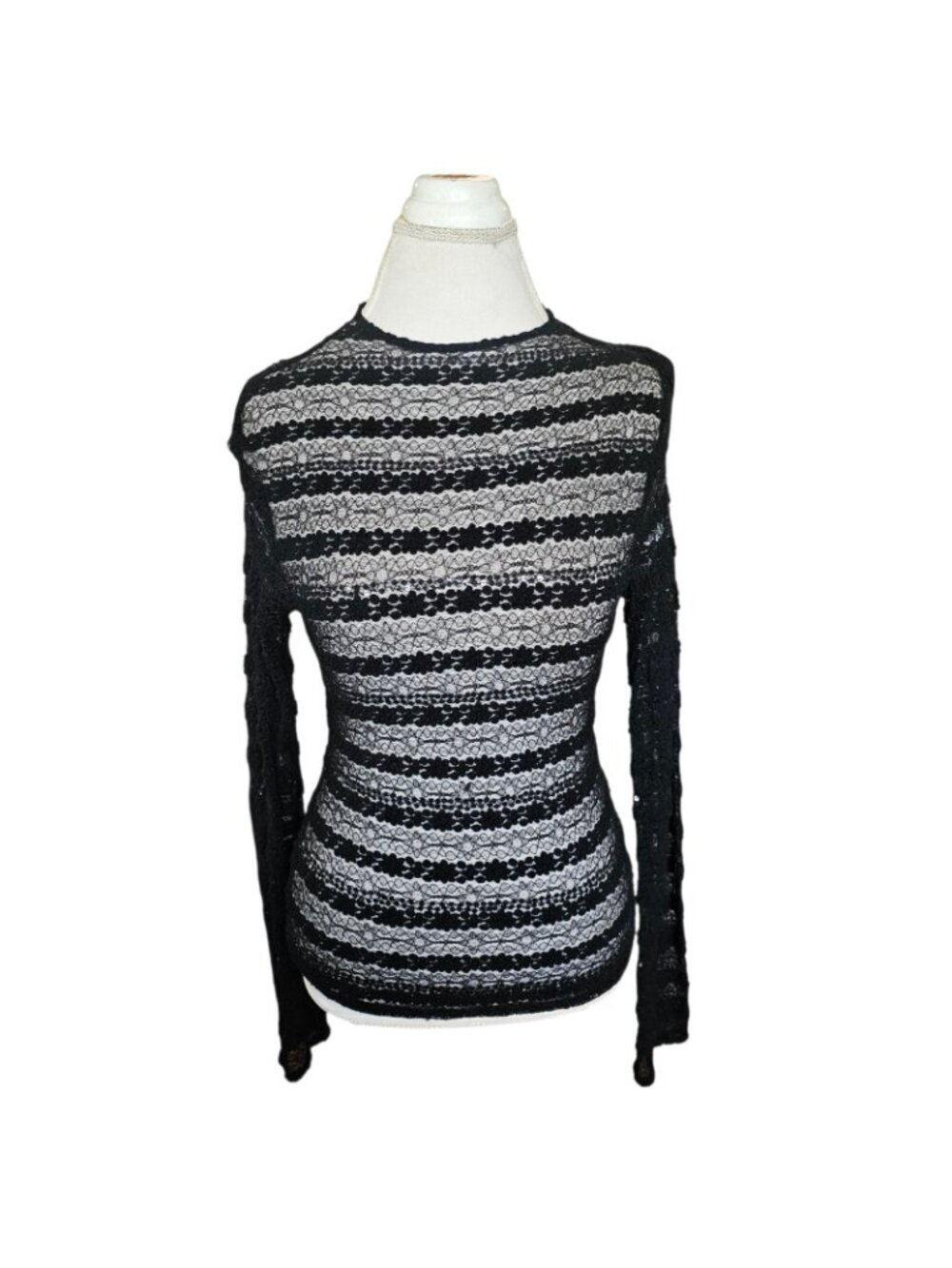 Y2K Black Sheer Mesh Lace Top Shirt Sz M Longsleeve Sequins Goth VTG - Picture 3 of 9